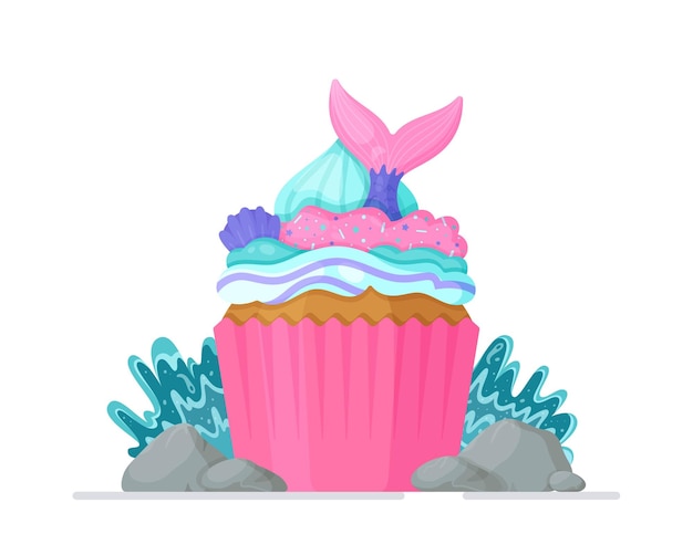 Vetor cupcake brilhante com cauda de sereia