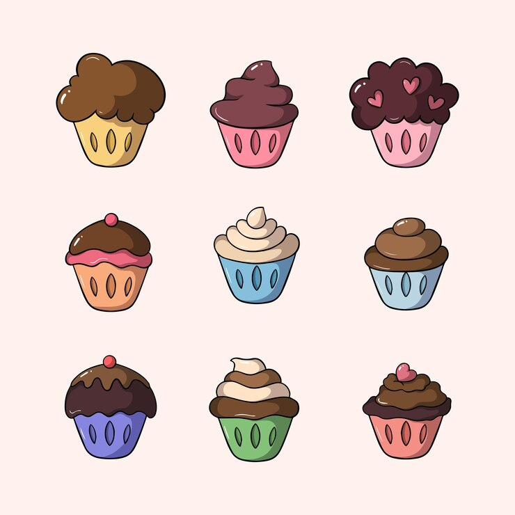 Vetor cupcake cartoon icon collection estilo desenhado à mão com contorno ilustração isolada