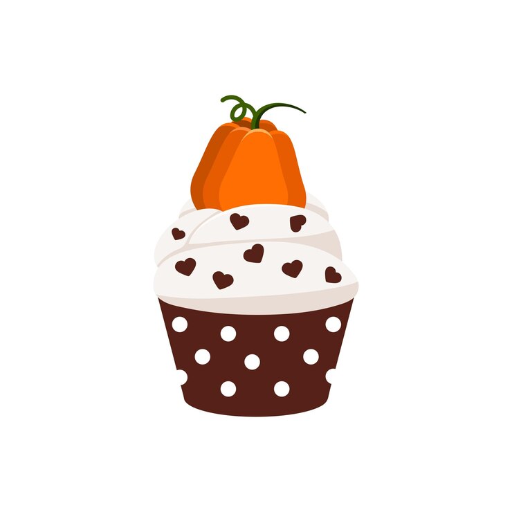 Vetor cupcake com abóbora laranja e creme de açúcar com sobremesa de decoração de coração de chocolate