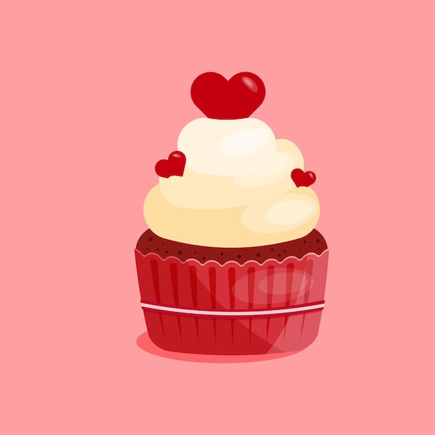 Cupcake com cereja em forma de coração em estilo plano isolado em fundo rosa conceito de dia dos namorados de amor ilustração vetorial