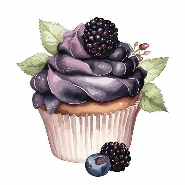 Cupcake com creme preto e ilustração em aquarela de amora