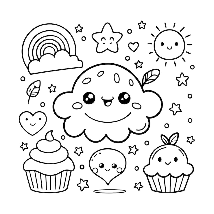 Vetor cupcake com nuvens kawaii arco-íris e estrelas para colorir doodle clip art desenhado à mão