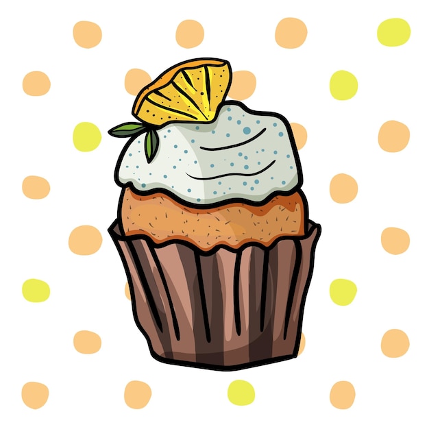 Cupcake com uma fatia de limão em um fundo de bolinhas