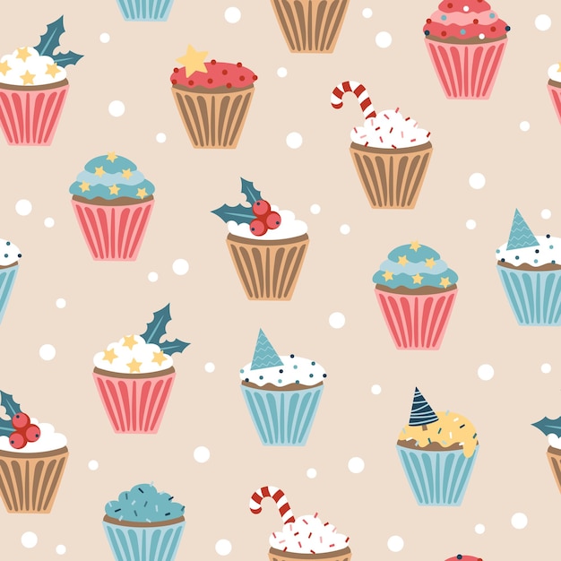 Cupcake de ano novo. Padrão uniforme. Conjunto de Natal com cupcakes e muffins