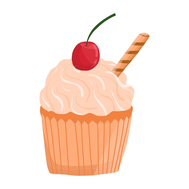 Cupcake de cereja vetorial no estilo desenhado à mão dos desenhos animados Deliciosa sobremesa doce pastelaria