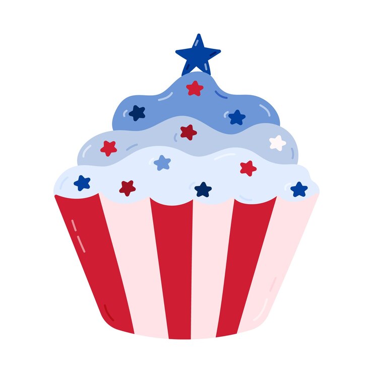 Vetor cupcake de desenho animado bonito com decoração de estrelas e embalagem nas cores da bandeira da américa muffin de gelo