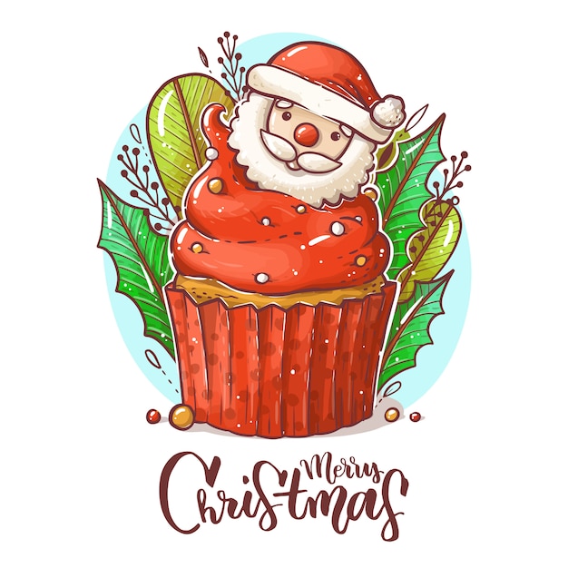 Cupcake de natal bonito dos desenhos animados com creme vermelho, folhas, galhos, pérola. feliz natal