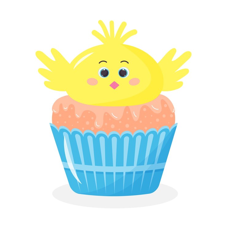 Vetor cupcake de páscoa fofo com cabeça de pintinho muffin doce engraçado com frango de desenho animado