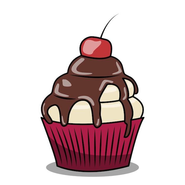 Cupcake de vetor com chocolate derretido e cereja no topo