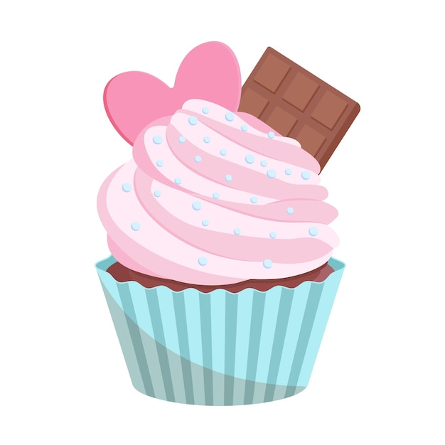Cupcake fofo com chocolate e coração. Projeto dos desenhos animados.
