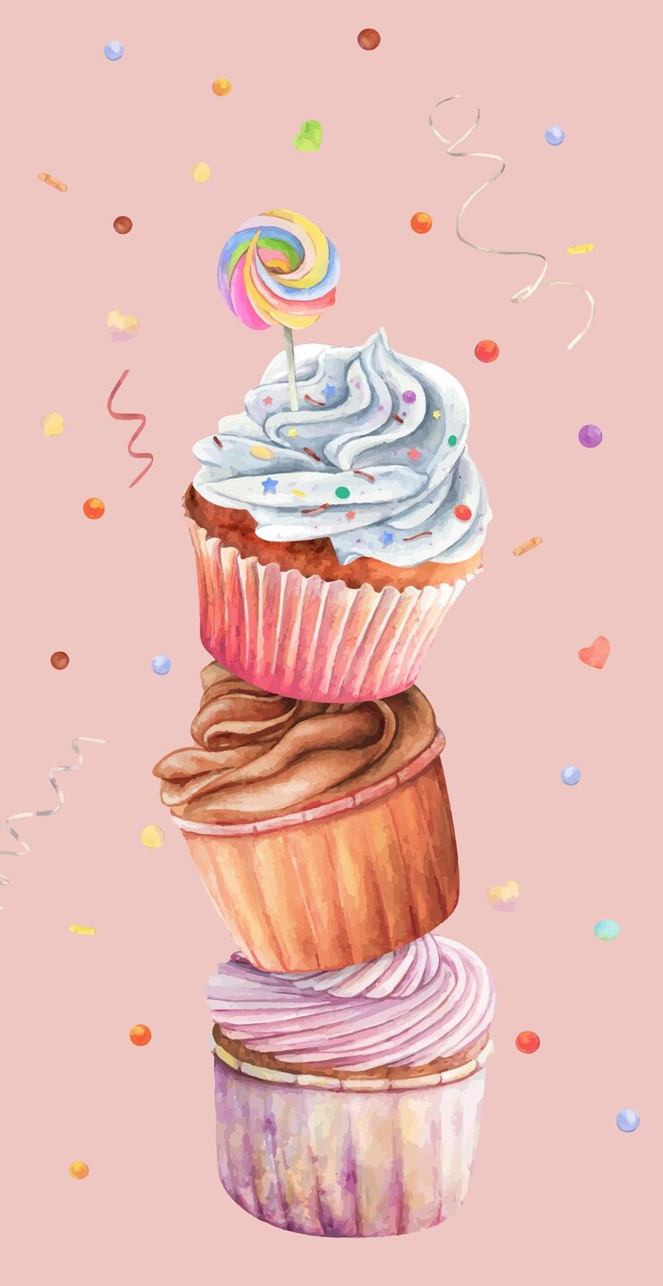 Vetor cupcake muffin doces aquarela cartão de desenho de aniversário lollipop chocolate creme bolo de doces