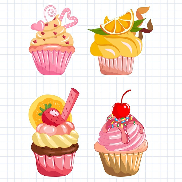 Cupcake set Vector ilustração em um fundo xadrez