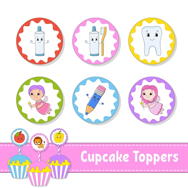 Cupcake toppers conjunto de seis personagens de desenhos animados de fotos redondas