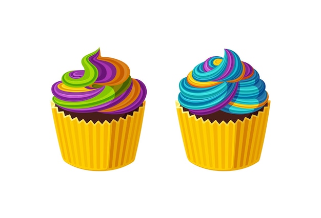 Cupcakes com glacê colorido rodado bolinhos saborosos com ilustração vetorial de creme no estilo cartoon