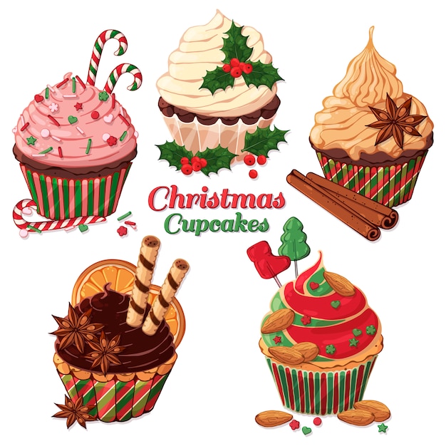 Vetor cupcakes de natal de vetor decorado com doces