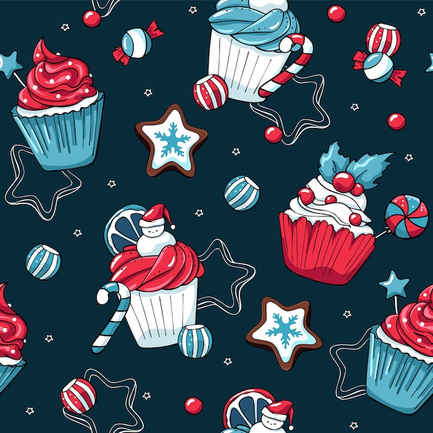 Cupcakes de Natal e doces vector sem costura padrão