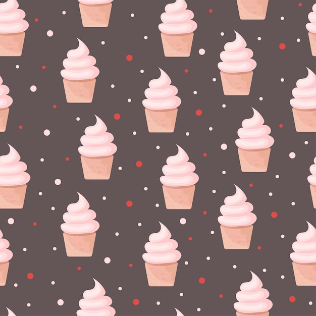 Cupcakes de padrão sem emenda de vetor em uma ilustração plana de fundo escuro para loja de padaria de tecido têxtil