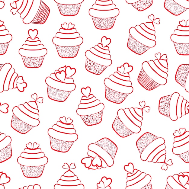 Vetor cupcakes decorados com corações padrão sem costura imagem de contorno ilustração vetorial