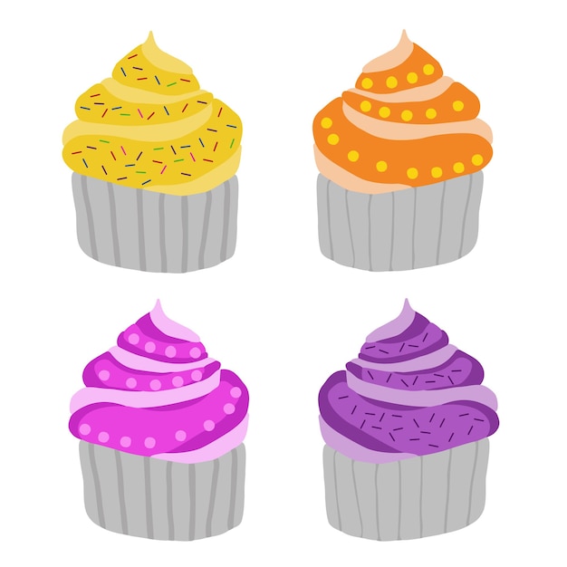 Vetor cupcakes doces com creme e frutas conjunto de cupcakes e muffins vetoriais fofos desenho vetorial