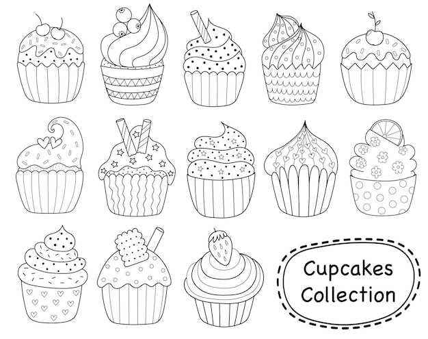 Página Para Colorir Cupcake. Bolo Doce Com Creme. Sobremesa Festiva. Padrão  Floral. Desenho De Linha Vetorial Desenhado À Mão. Livro De Colorir Para  Crianças E Adultos. Esboço Preto E Branco. Royalty Free