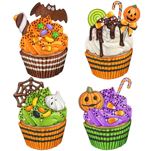 Cupcakes fofos de halloween em aquarela