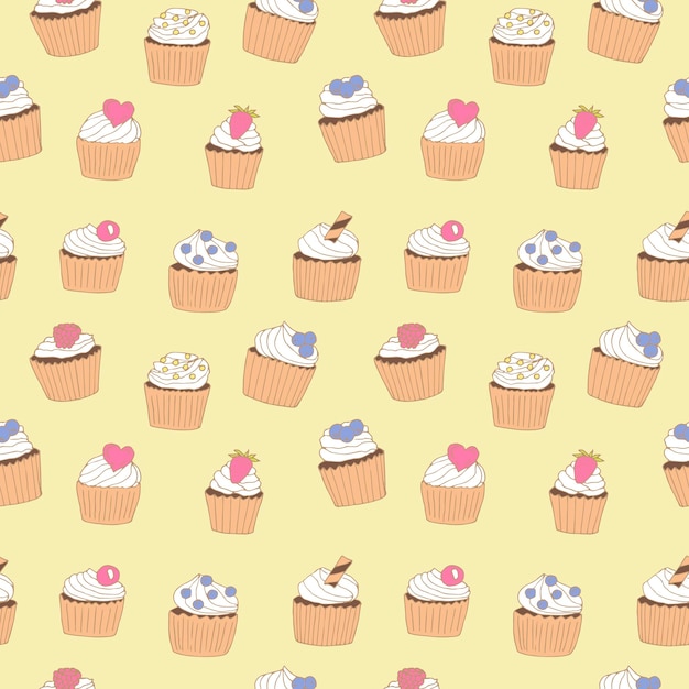 Cupcakes sem costura padrão ilustração vetorial desenho à mão rabiscos coloridos