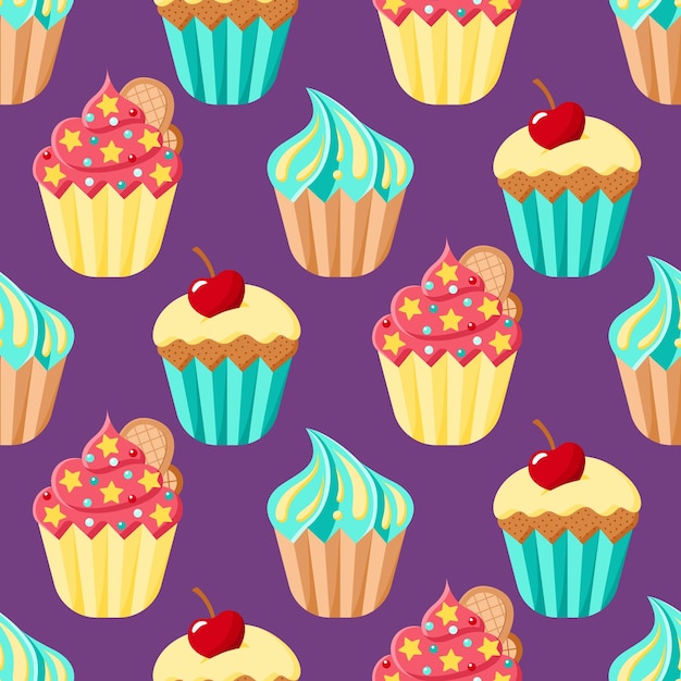 Cupcakes vector padrão sem costura Sobremesas coloridas dos desenhos animados em pano de fundo roxo