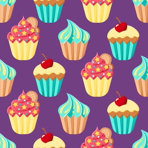 Cupcakes vector padrão sem costura sobremesas coloridas dos desenhos animados em pano de fundo roxo