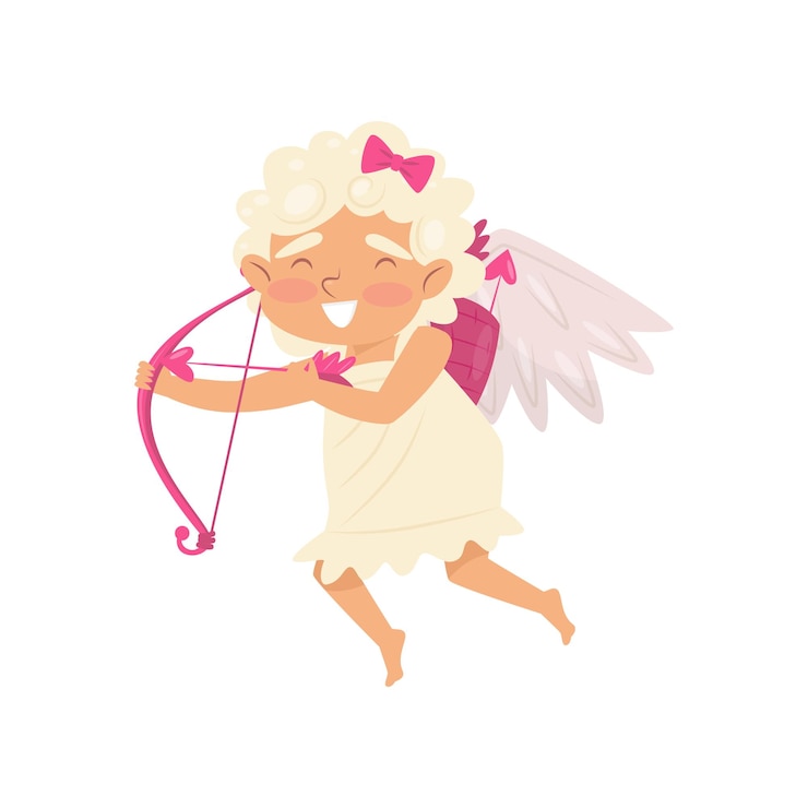Vetor cupido alegre em ação voadora anjo do amor com arco e flechas personagem de desenho animado de menina com pequenas asas elemento gráfico para cartão de saudação desenho vetorial plano isolado em fundo branco