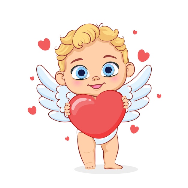 Cupido de bebê fofo com um coração nas mãos. ilustração em vetor dos desenhos animados.