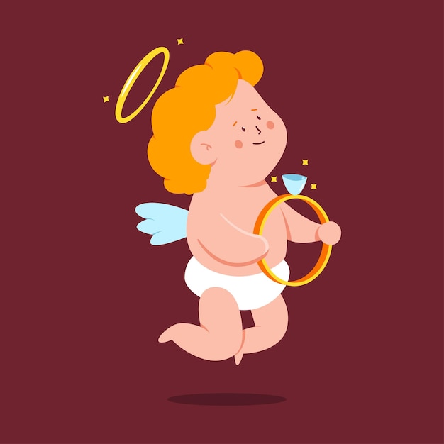 Cupido fofo com personagem de desenho animado de vetor de anel de diamante de noivado isolado no fundo.