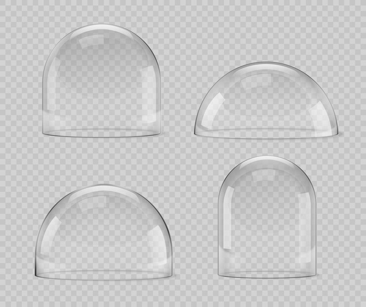 Vetor cúpula de vidro isolada esfera de sino brilhante vetor 3d realista globo de neve lembranças recipientes de semiesfera de cristal de pequenos tamanhos médios e grandes presente festivo de natal simulado em fundo transparente
