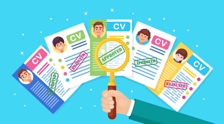 Vetor currículo de currículo comercial e lupa em mãos. entrevista de emprego, recrutamento, pesquisa de empregador, contratação