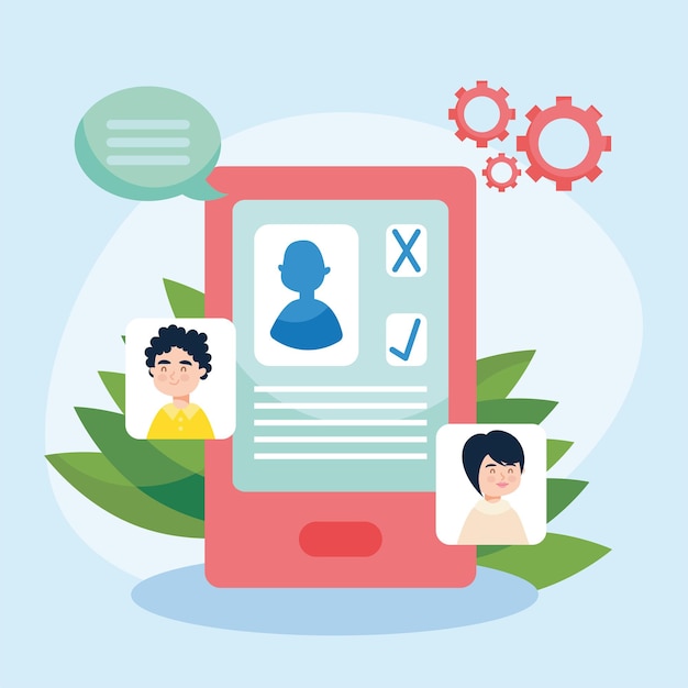 Currículo de CV em smartphone com perfis de pessoas