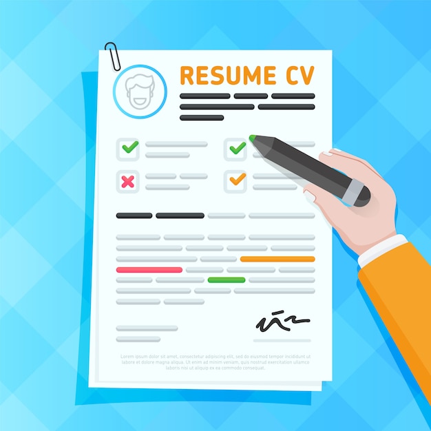 Currículo de desenho animado ou amostra cv com lupa examinando preenchido. Conceito de RH