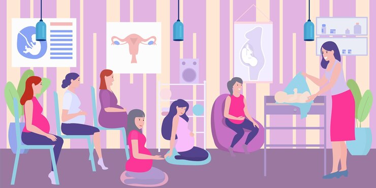 Curso de gravidez sobre parceria, conceito de maternidade, ilustração vetorial, treinamento de personagem de pessoas grávidas planas em sala de aula.