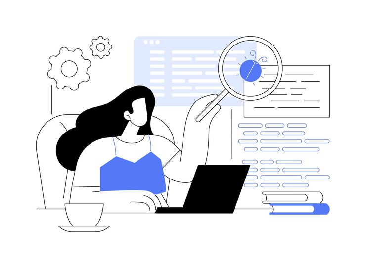 Vetor curso de teste de software ilustrações vetoriais de desenhos animados isolados software de teste de jovem em garantia de qualidade de computador on-line grau ensino à distância desenho vetorial de educação virtual