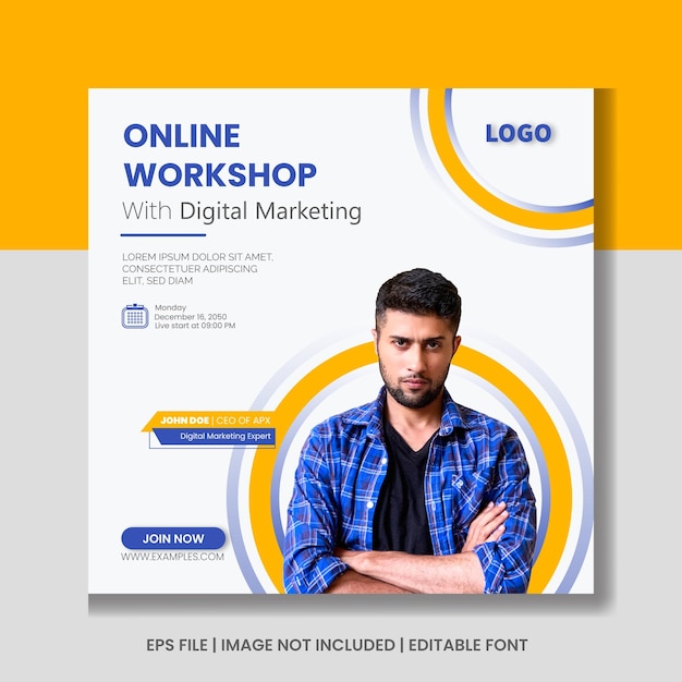 Curso online e mídia social de webinar e modelo de banner de postagem no instagram