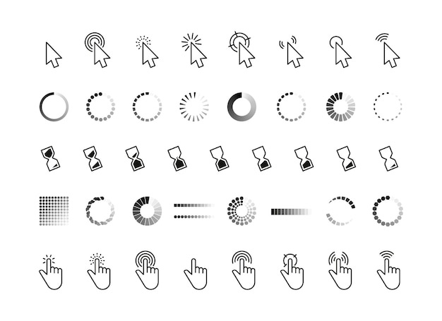 Cursor de progresso da interface ponteiro do mouse, clique na conexão da seta, carregando e apontando mão, símbolos da web, botões de interface do computador, conjunto de vetores