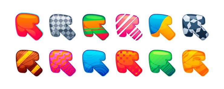 Vetor cursores de jogos de desenhos animados, setas de ativos de kit de jogos bonitos, diferentes materiais e formas, elementos decorativos de interfaces de usuário, estilo simples, conjunto isolado de vetores
