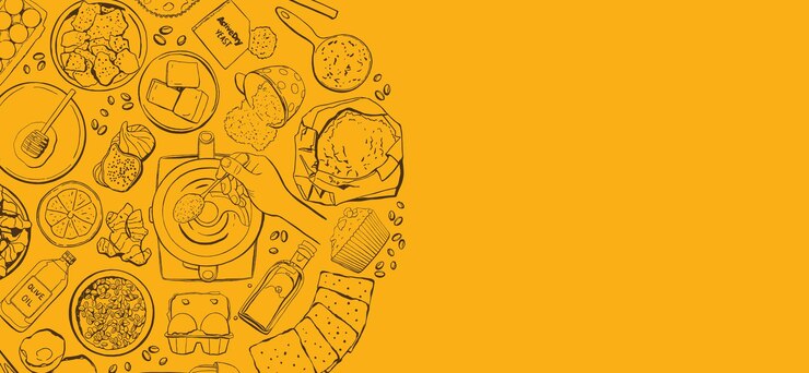 Vetor cursos de culinária modelo com ingredientes e ferramentas de alimentos doodles em fundo laranja