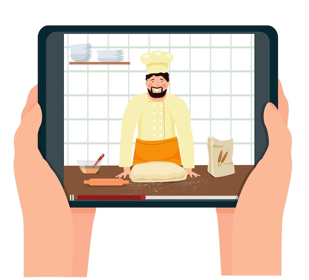 Cursos de culinária online. receita de vídeo, um chef masculino ensina como cozinhar e assar deliciosas comidas.