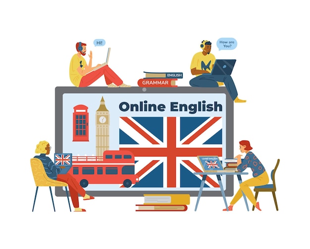 Cursos de inglês online ou ilustração em vetor plana banner escolar isolada