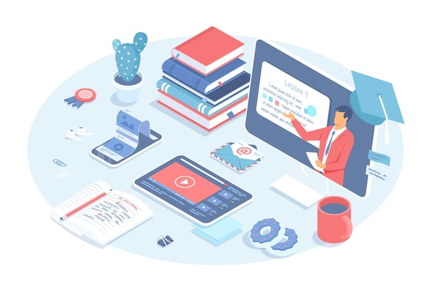 Cursos on-line, webinars, aulas, educação à distância, conceito de aprendizagem em casa, videoconferência com teache