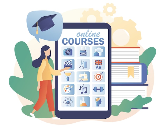 Cursos online. mulher minúscula aprende, assiste a webinars online no aplicativo para smartphone. conceito de e-learning.