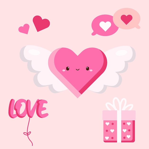 Cute Adorable HandDrawn Valentine Heart Decor Vector Ilustrações de desenhos animados Baby Pink Clipart Set