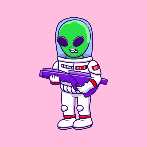 Cute alien holding gun cartoon vector icons ilustração flat cartoon concept