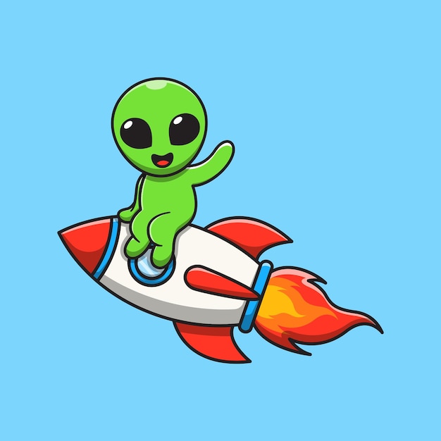 Cute alien sente-se no foguete e acene