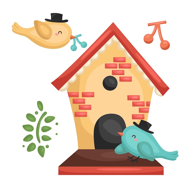 Cute Animal Bird House Ilustração de desenho animado Vector Clipart Sticker Decoração Accesórios de fundo