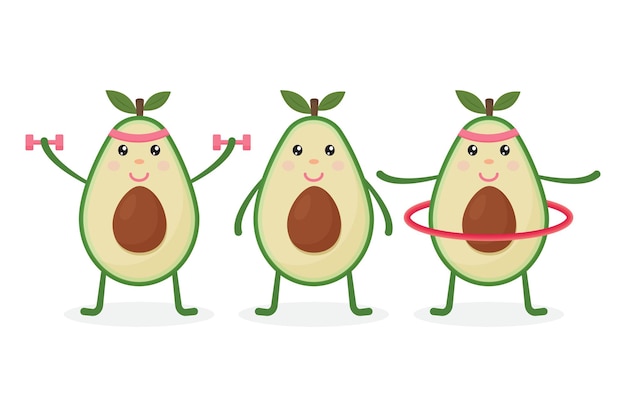 Cute Avocado faça exercícios Alimentando-se de forma saudável e em boa forma